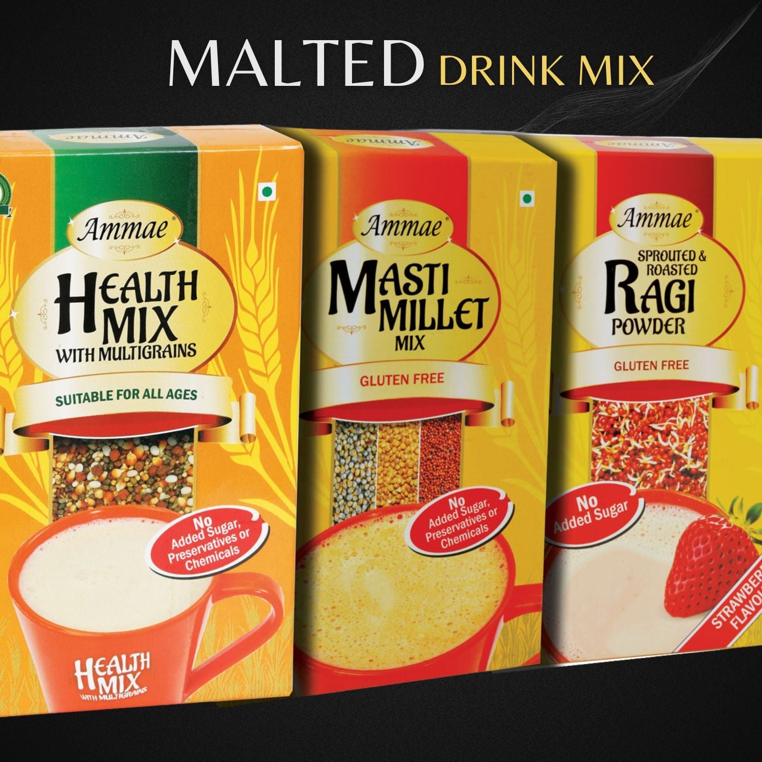 Ammae healthy malted drink mixes made with multigrains, millets and sprouted grains for wholesome everyday nutrition