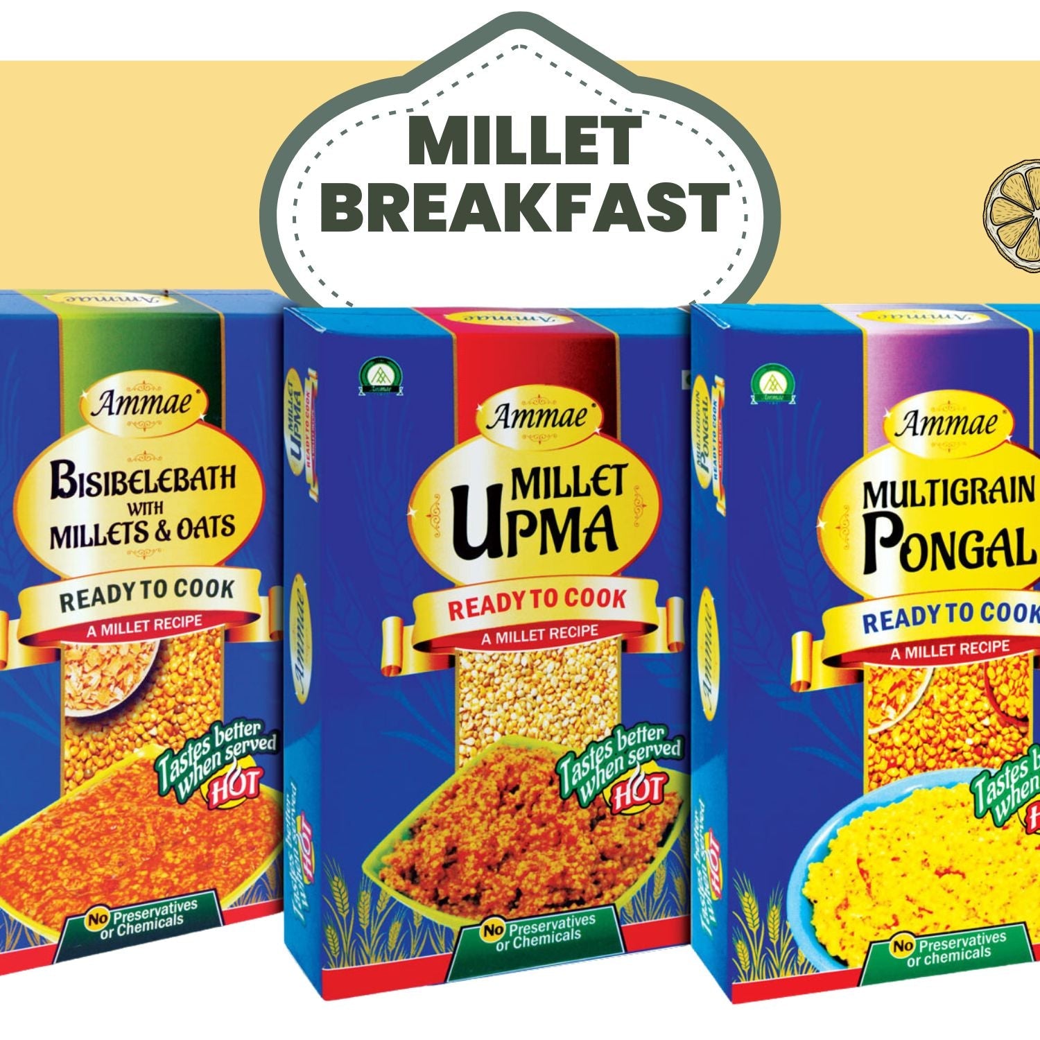 Ammae millet ready-to-cook mixes including upma, pongal and bisibelebath made with wholesome millets
