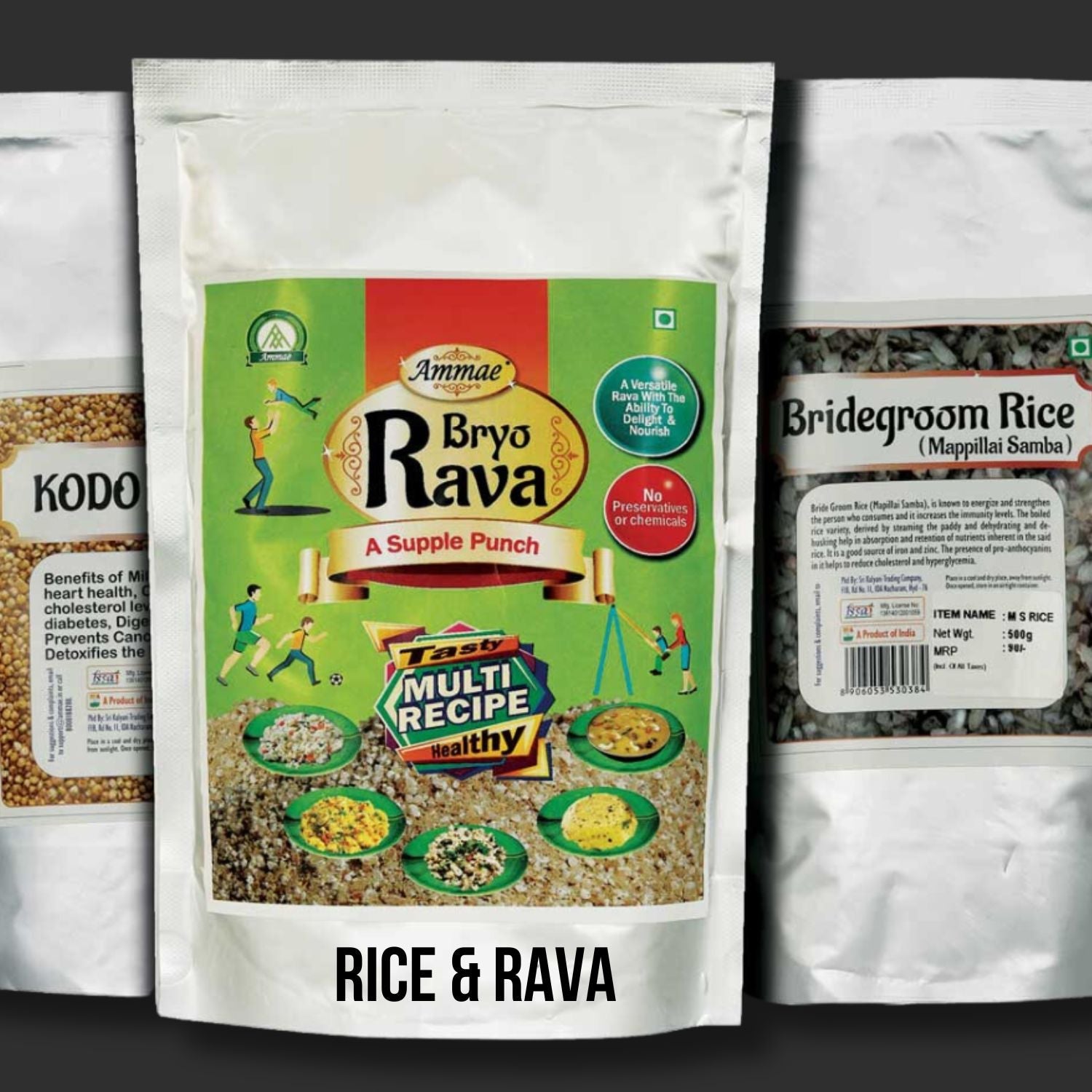 Ammae rice, millets and rava collection featuring traditional grains for everyday home cooking