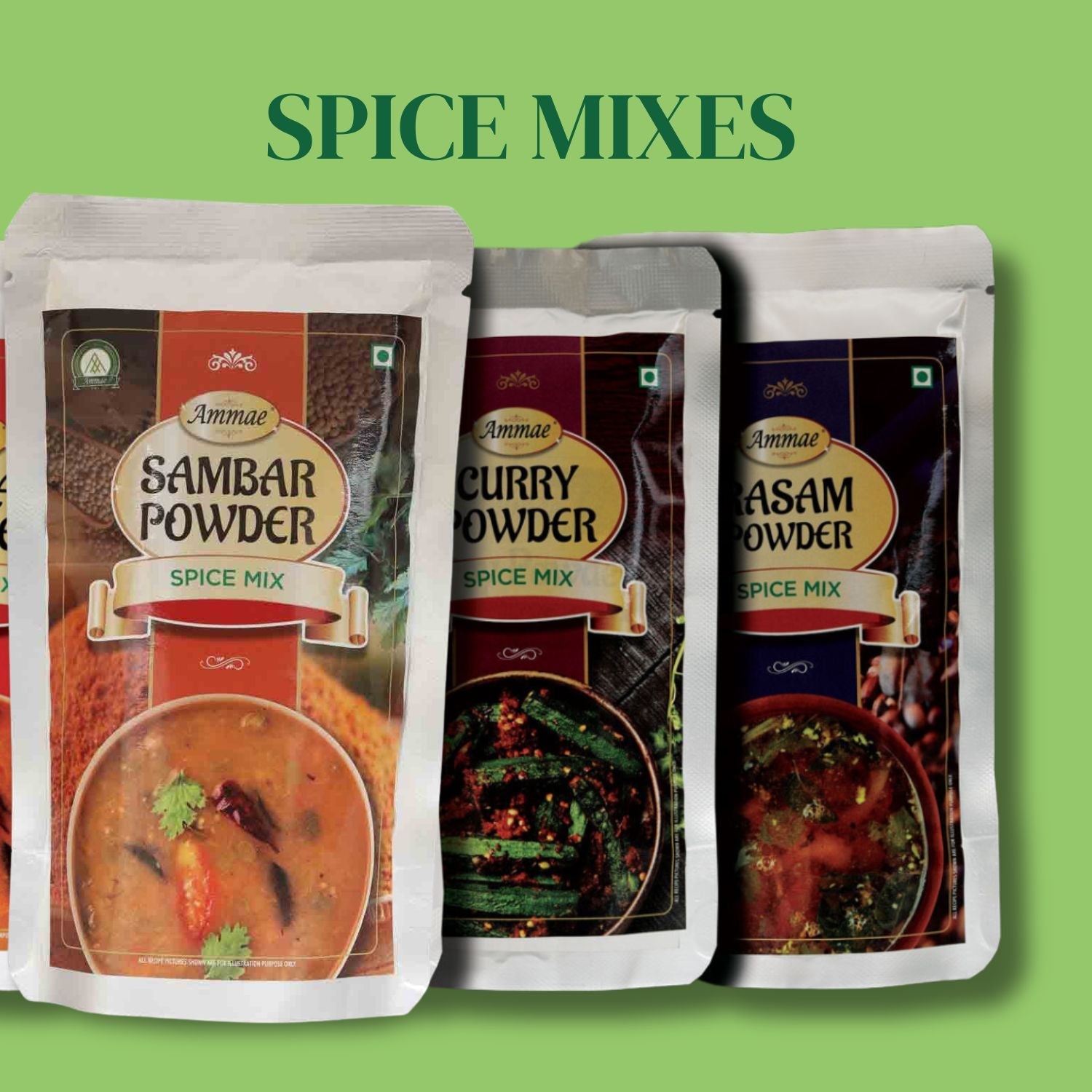 Ammae traditional spice and rice mixes including sambar, rasam, curry, idly kara and rice seasoning blends