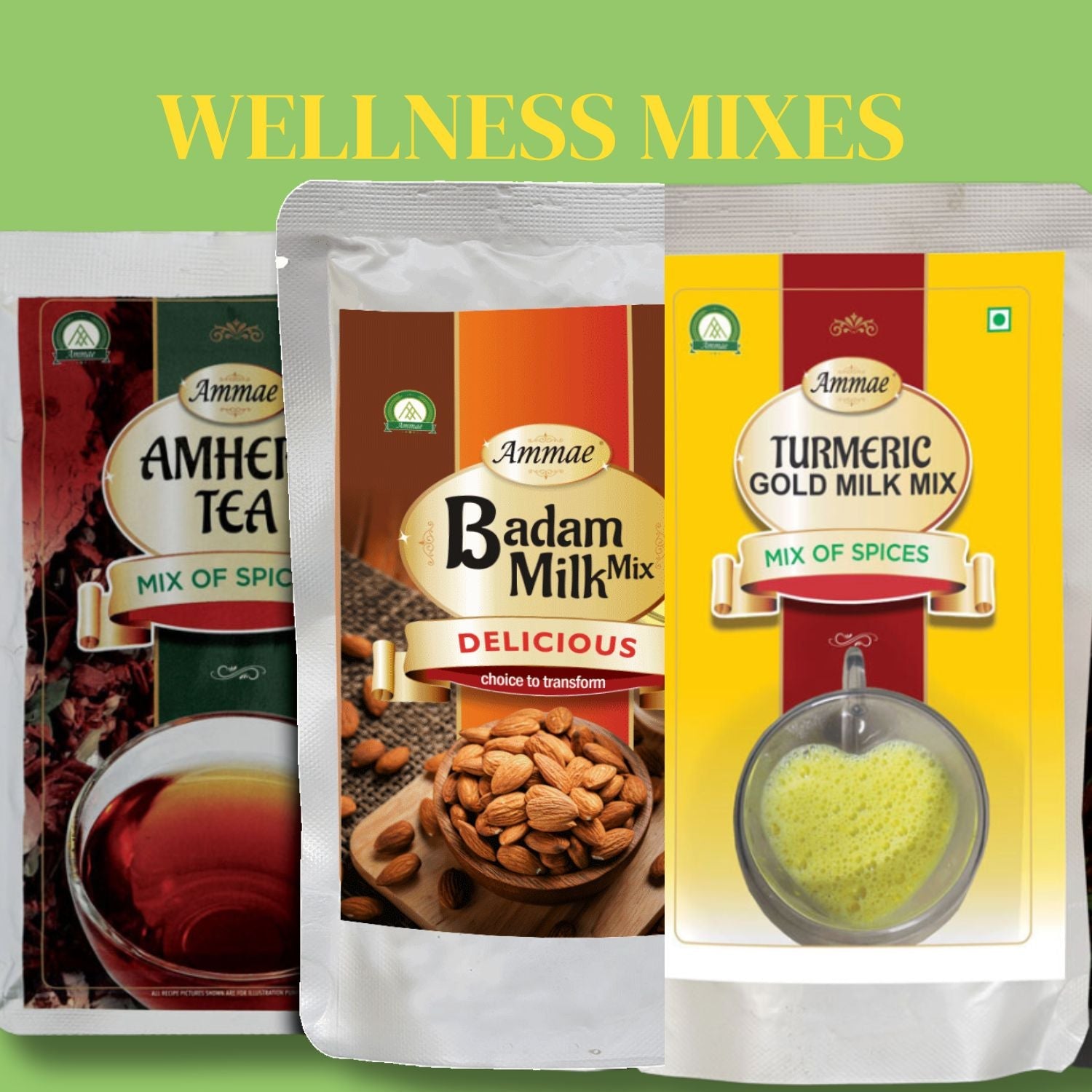 Ammae wellness drink mixes including herbal tea, badam milk mix and turmeric milk mix for everyday enjoyment